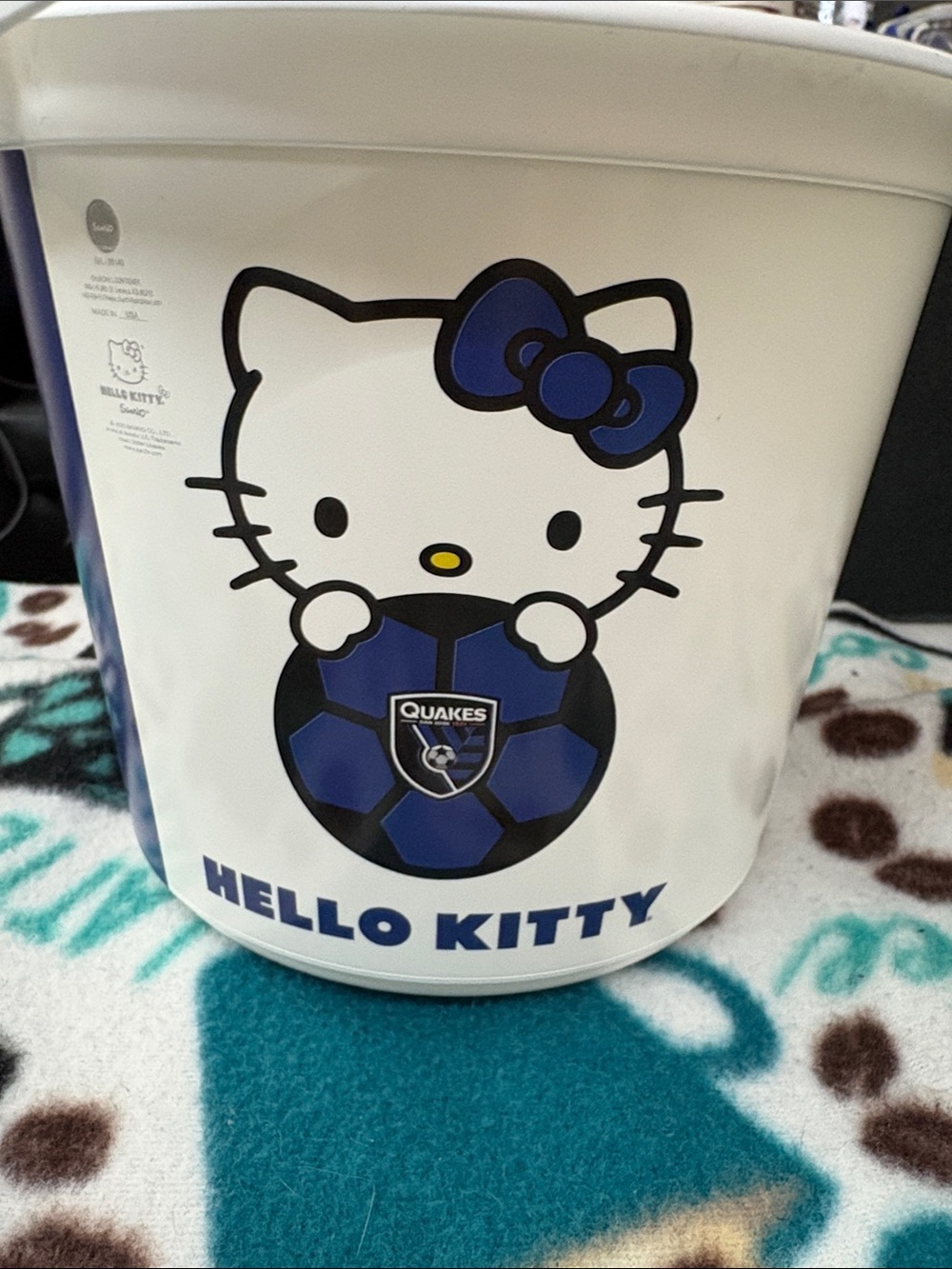 Two Hello Kitty x San Jose Earthquakes popcorn buckets